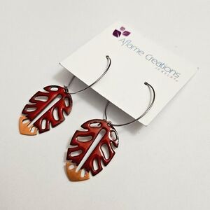Aflame Creations - Handmade Enamel Copper Red Hollow Leaf Earrings